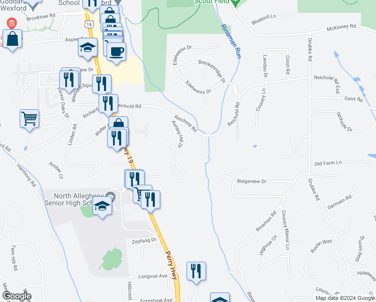 map of restaurants, bars, coffee shops, grocery stores, and more near 108 Ashley Hill Drive in Wexford