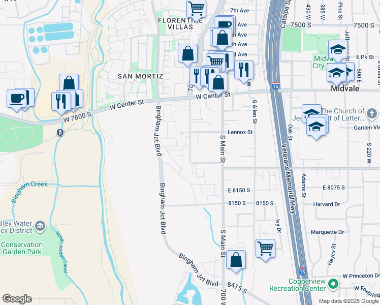 map of restaurants, bars, coffee shops, grocery stores, and more near 7876 South Holden Street in Midvale