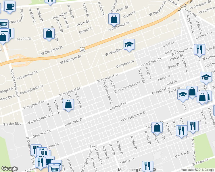 map of restaurants, bars, coffee shops, grocery stores, and more near 1027 North Glenwood Street in Allentown