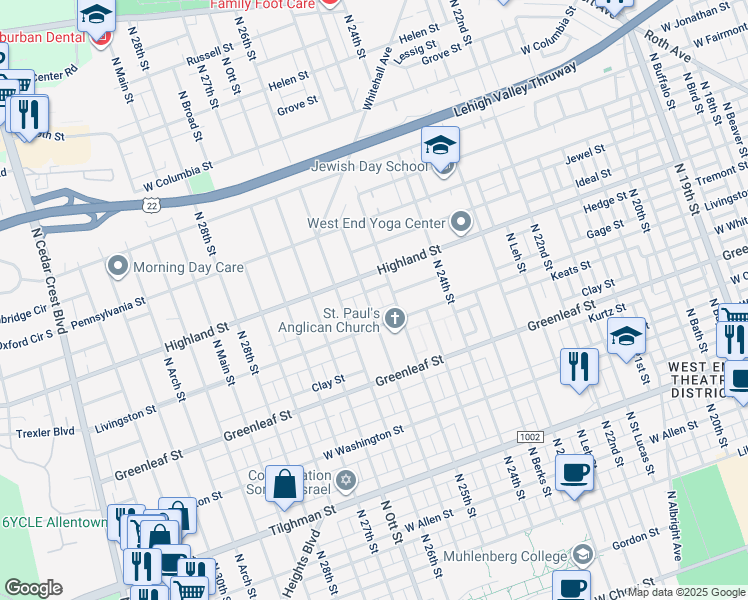 map of restaurants, bars, coffee shops, grocery stores, and more near 1027 North Glenwood Street in Allentown