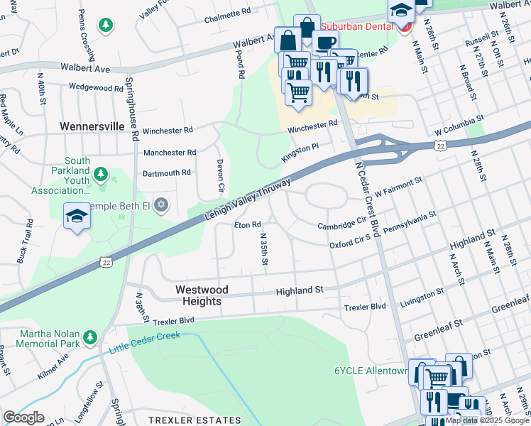 map of restaurants, bars, coffee shops, grocery stores, and more near 3438 Oxford Circle South in Allentown