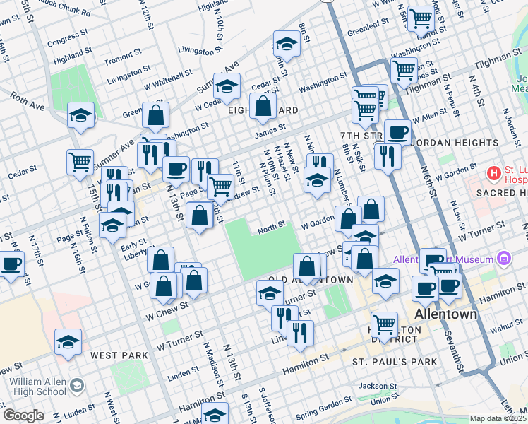 map of restaurants, bars, coffee shops, grocery stores, and more near 1036 1/2 Liberty Street in Allentown