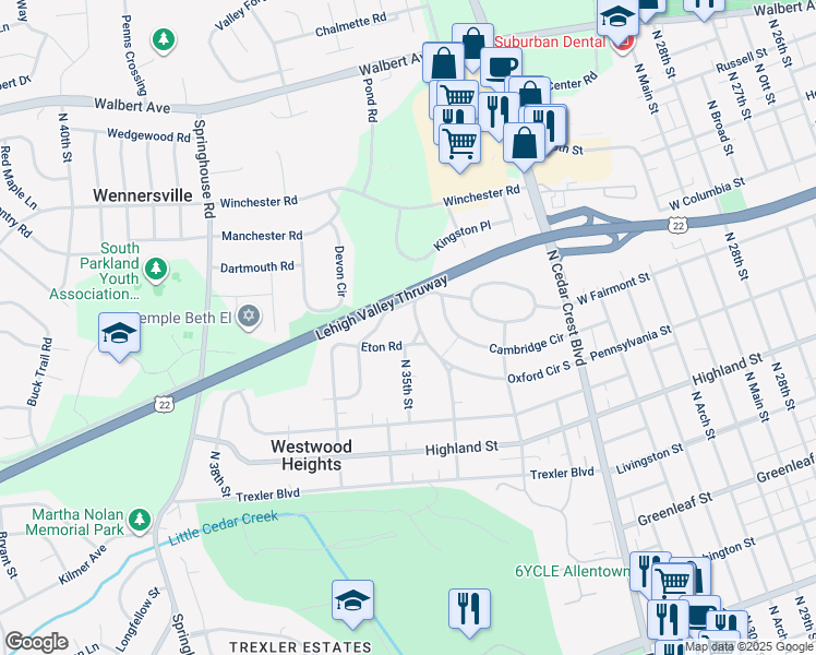 map of restaurants, bars, coffee shops, grocery stores, and more near 3438 Oxford Circle South in Allentown