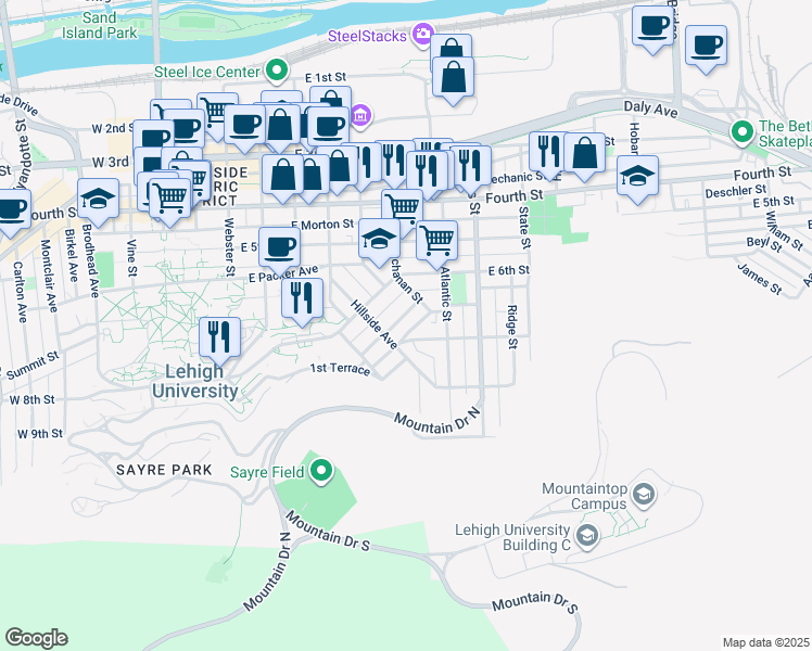 map of restaurants, bars, coffee shops, grocery stores, and more near 520 Selfridge Street in Bethlehem