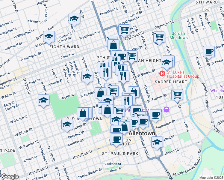 map of restaurants, bars, coffee shops, grocery stores, and more near 319 North Eighth Street in Allentown