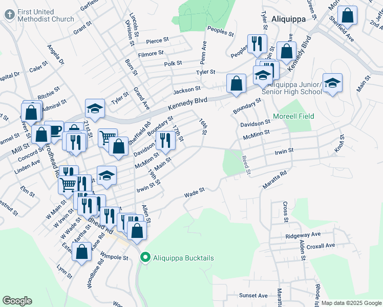map of restaurants, bars, coffee shops, grocery stores, and more near 1714 Irwin Street in Aliquippa
