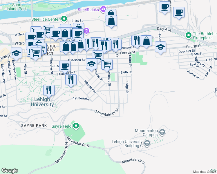 map of restaurants, bars, coffee shops, grocery stores, and more near 660 Atlantic Street in Bethlehem