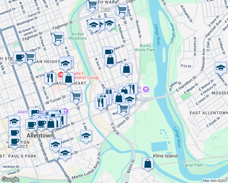 map of restaurants, bars, coffee shops, grocery stores, and more near 32 North 2nd Street in Allentown