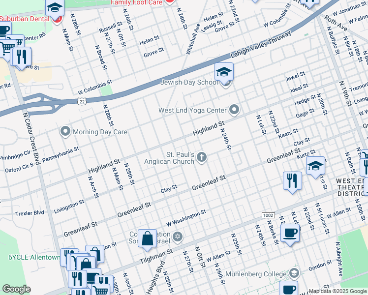 map of restaurants, bars, coffee shops, grocery stores, and more near 1034-1038 North Glenwood Street in Allentown
