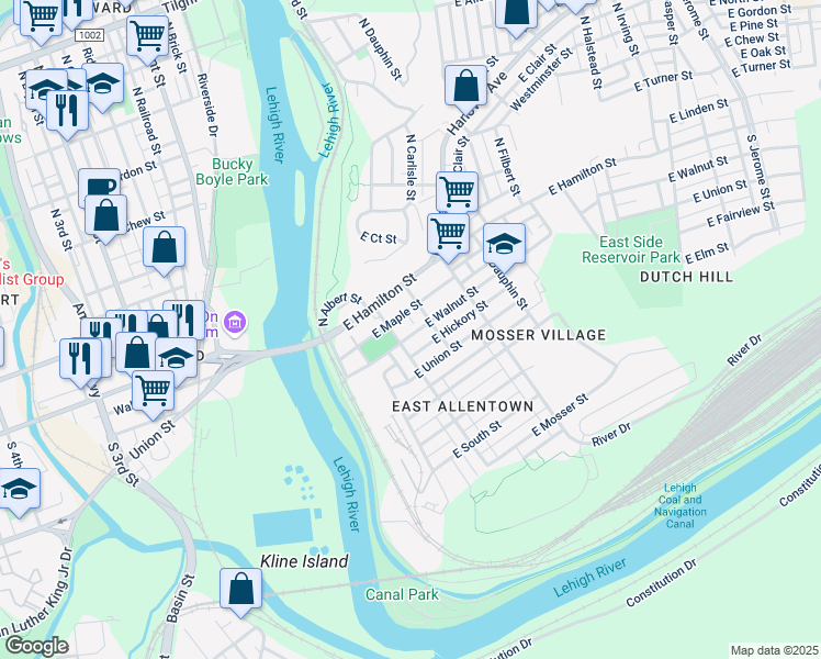 map of restaurants, bars, coffee shops, grocery stores, and more near 217 East Walnut Street in Allentown