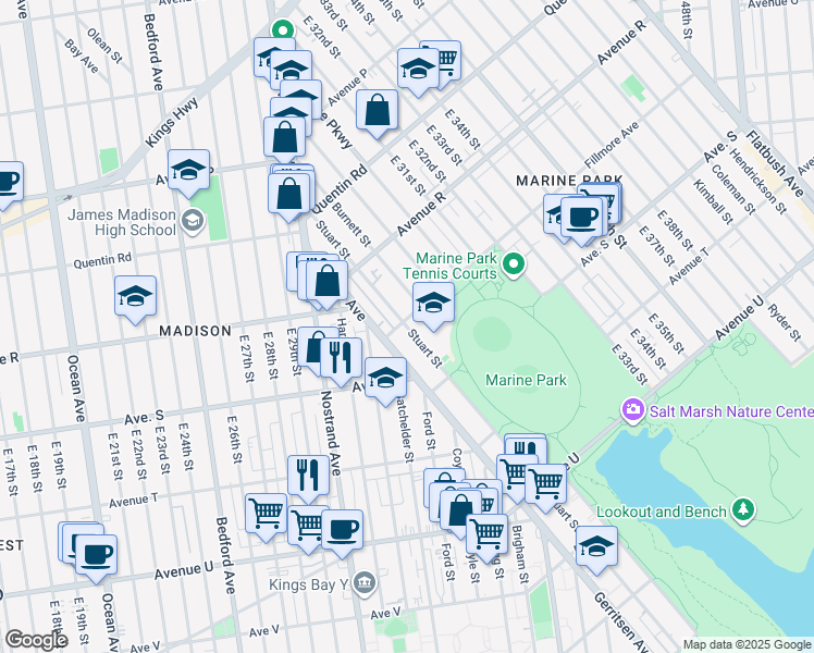 map of restaurants, bars, coffee shops, grocery stores, and more near 1925 Stuart Street in Brooklyn
