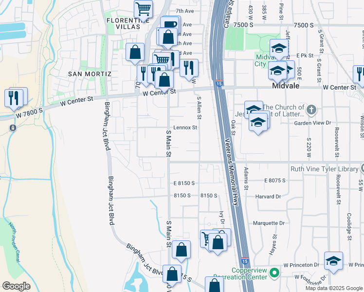 map of restaurants, bars, coffee shops, grocery stores, and more near 639 West Allen Cove in Midvale