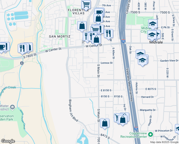 map of restaurants, bars, coffee shops, grocery stores, and more near 754 Wasatch Street in Midvale
