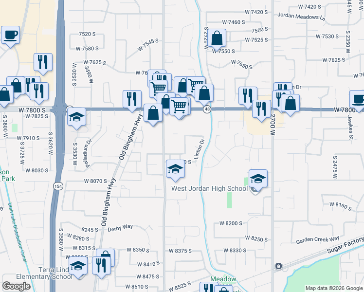 map of restaurants, bars, coffee shops, grocery stores, and more near 3129 West 7970 South in West Jordan