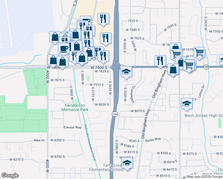map of restaurants, bars, coffee shops, grocery stores, and more near 7957 South 3620 West in West Jordan