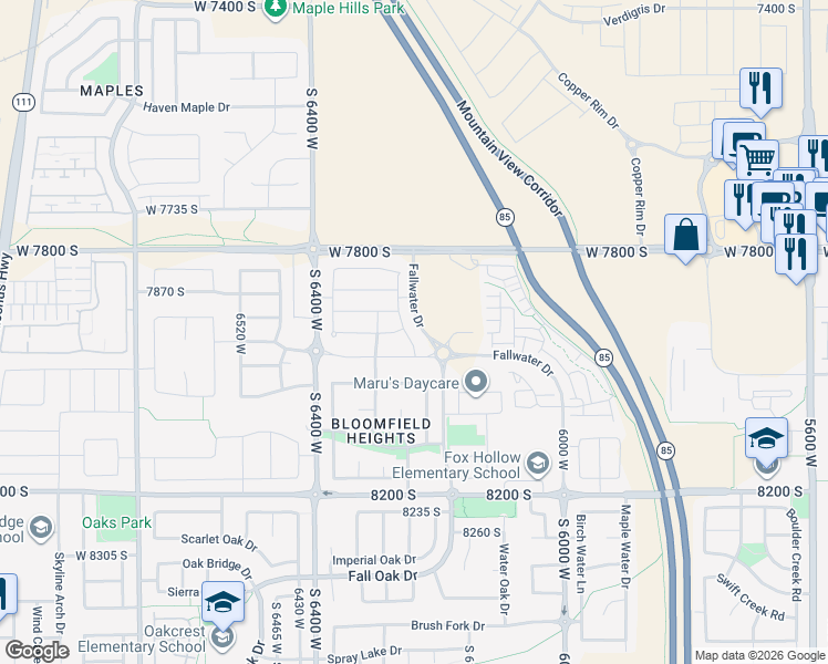 map of restaurants, bars, coffee shops, grocery stores, and more near 7941 Highland Point Way in West Jordan