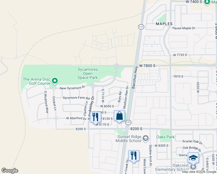map of restaurants, bars, coffee shops, grocery stores, and more near 7046 Dry Sycamore Lane in West Jordan