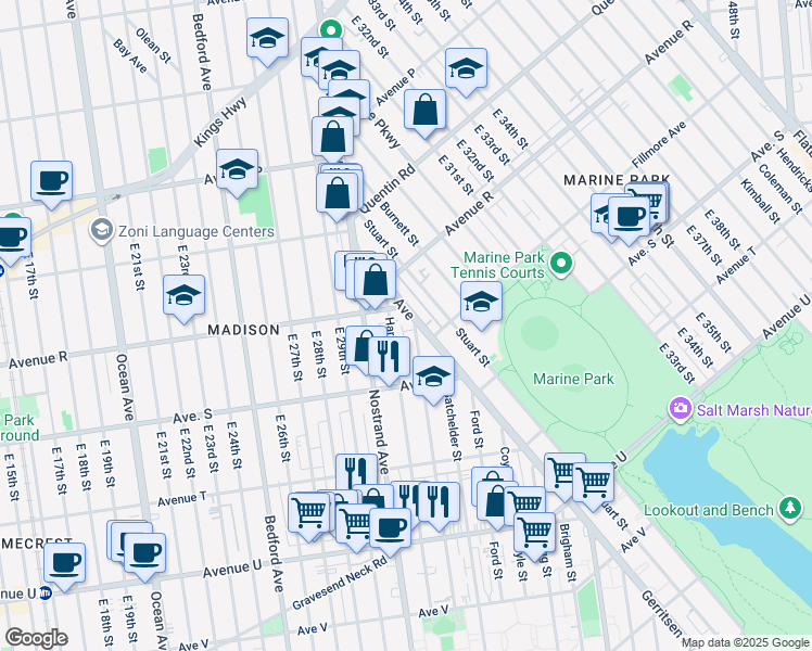 map of restaurants, bars, coffee shops, grocery stores, and more near 1886 Gerritsen Avenue in Brooklyn