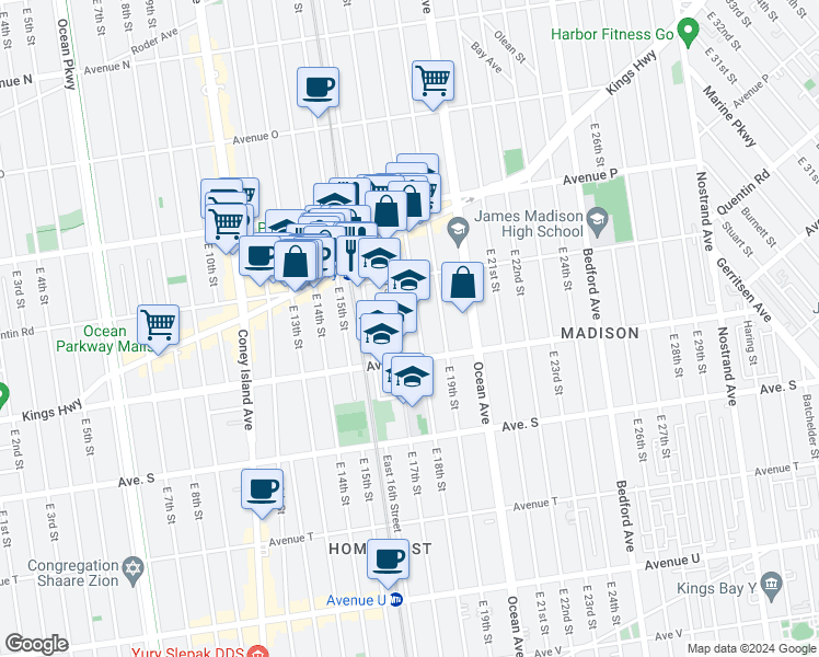 map of restaurants, bars, coffee shops, grocery stores, and more near 1784 East 17th Street in Brooklyn