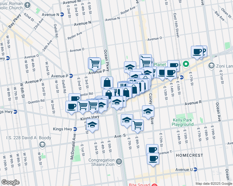 map of restaurants, bars, coffee shops, grocery stores, and more near 1729 Ocean Parkway in Brooklyn