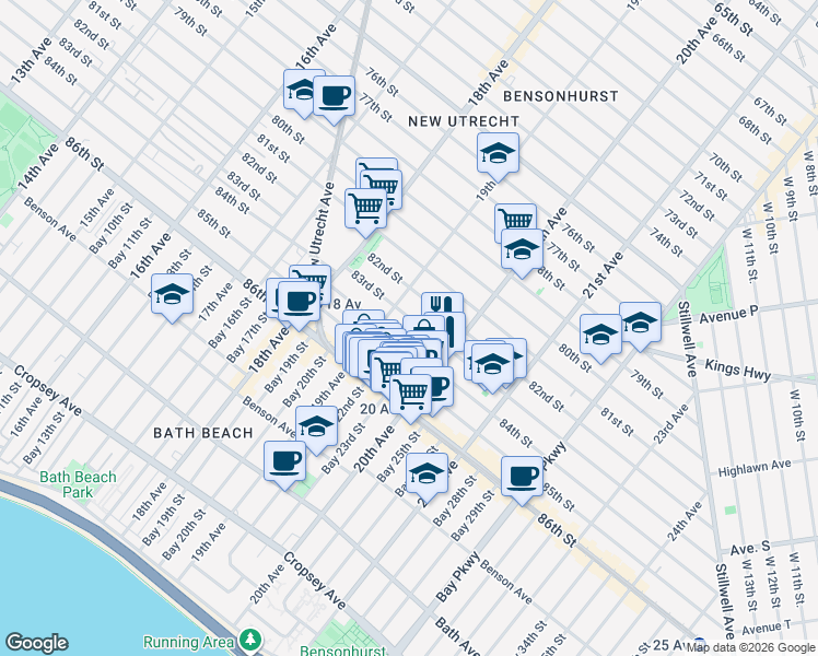 map of restaurants, bars, coffee shops, grocery stores, and more near 1949 84th Street in Brooklyn