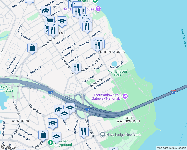 map of restaurants, bars, coffee shops, grocery stores, and more near 80 Lyman Avenue in Staten Island