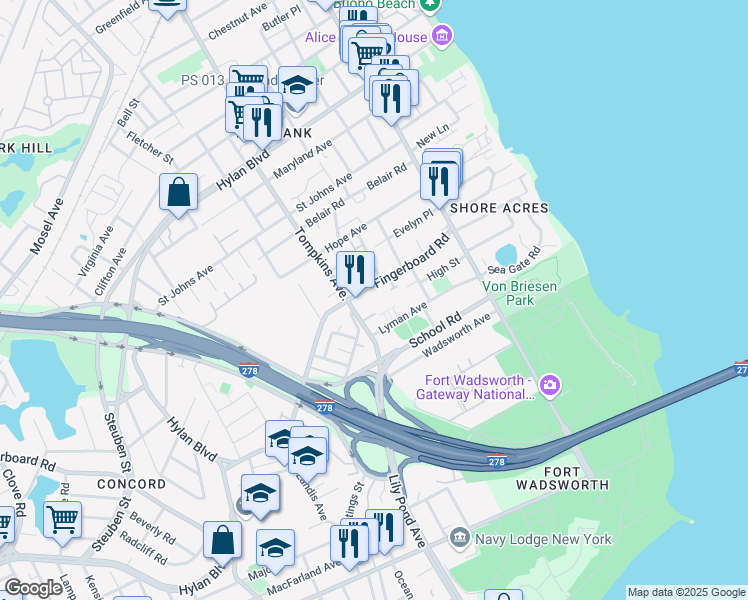 map of restaurants, bars, coffee shops, grocery stores, and more near 121 Lyman Avenue in Staten Island