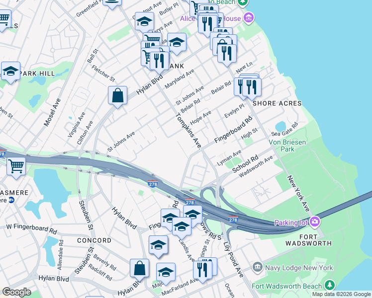 map of restaurants, bars, coffee shops, grocery stores, and more near in Staten Island