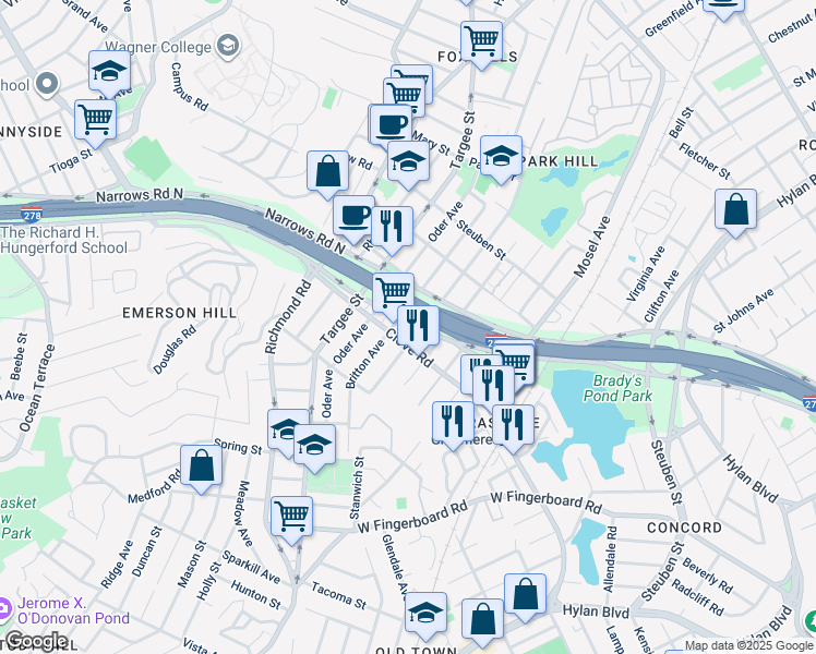 map of restaurants, bars, coffee shops, grocery stores, and more near 541 Britton Avenue in Staten Island