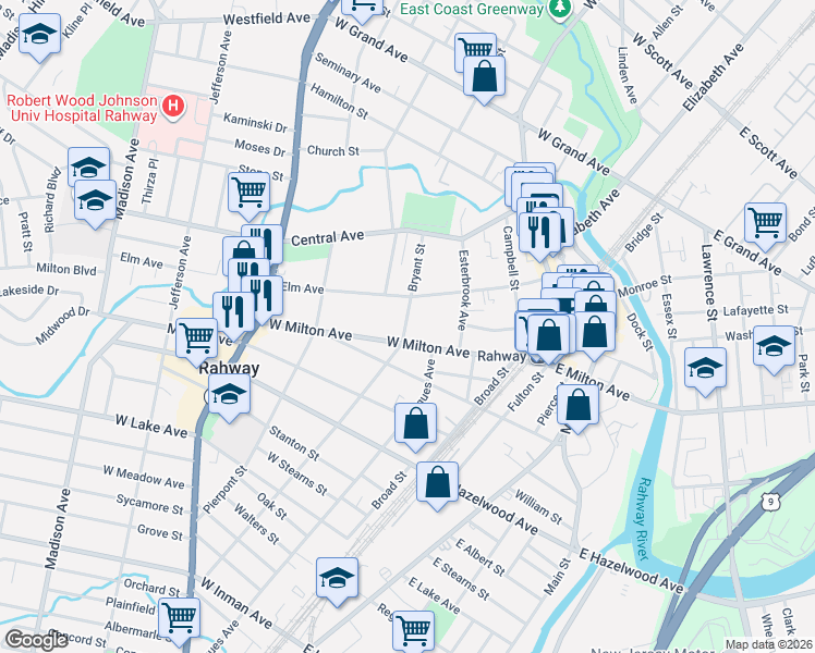 map of restaurants, bars, coffee shops, grocery stores, and more near 205 West Milton Avenue in Rahway