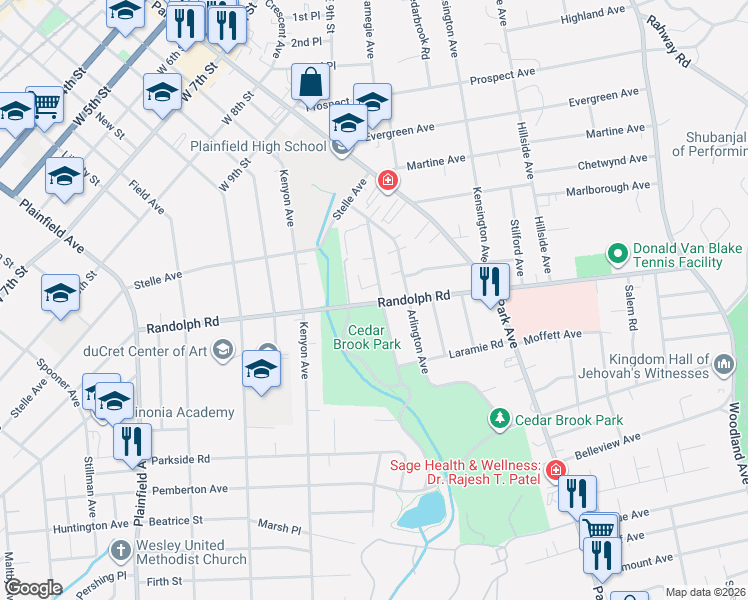 map of restaurants, bars, coffee shops, grocery stores, and more near 1209-13 Rose Street in Plainfield