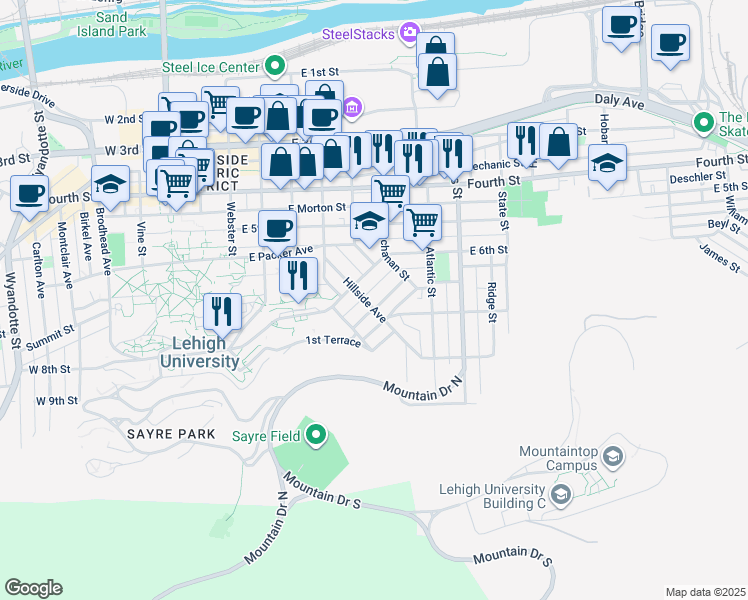 map of restaurants, bars, coffee shops, grocery stores, and more near in Bethlehem