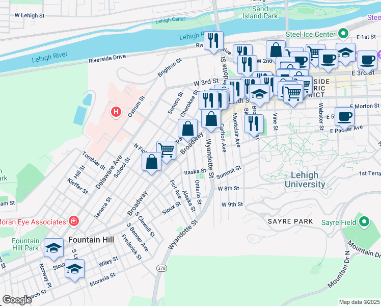 map of restaurants, bars, coffee shops, grocery stores, and more near 539 Jischke Street in Bethlehem