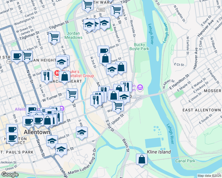 map of restaurants, bars, coffee shops, grocery stores, and more near 32 North 2nd Street in Allentown