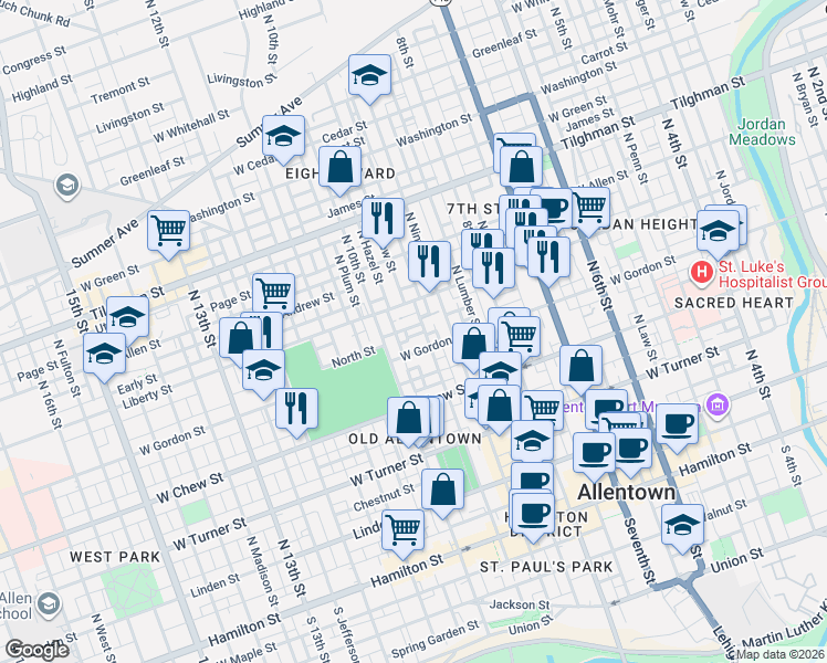map of restaurants, bars, coffee shops, grocery stores, and more near 951 West Gordon Street in Allentown