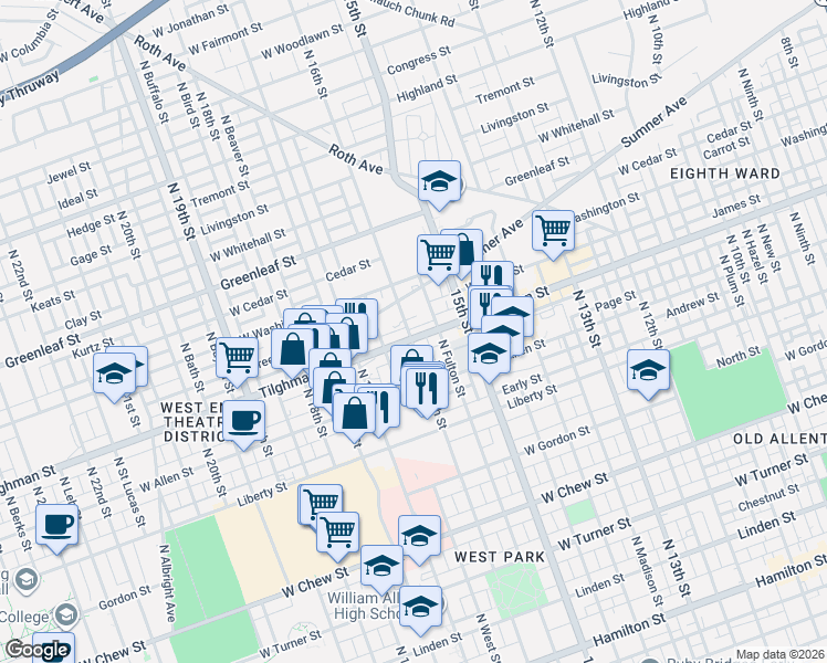 map of restaurants, bars, coffee shops, grocery stores, and more near 646 North 16th Street in Allentown