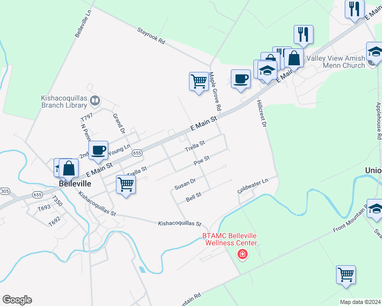 map of restaurants, bars, coffee shops, grocery stores, and more near 250 Trella Street in Belleville
