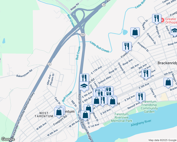 map of restaurants, bars, coffee shops, grocery stores, and more near 400 East 11th Avenue in Tarentum