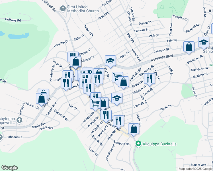 map of restaurants, bars, coffee shops, grocery stores, and more near 2112 Newell Avenue in Aliquippa