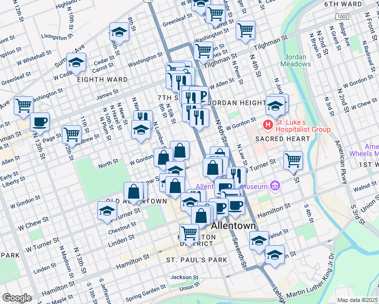 map of restaurants, bars, coffee shops, grocery stores, and more near 330 North Hall Street in Allentown