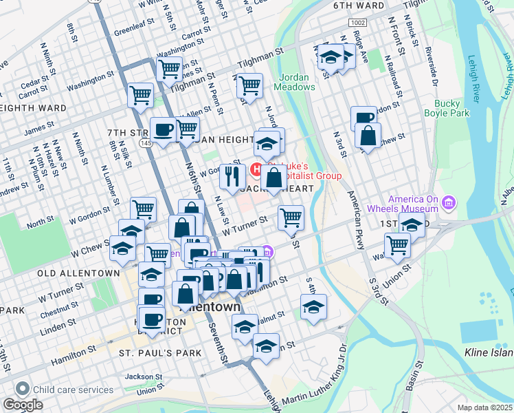 map of restaurants, bars, coffee shops, grocery stores, and more near 219 North Penn Street in Allentown