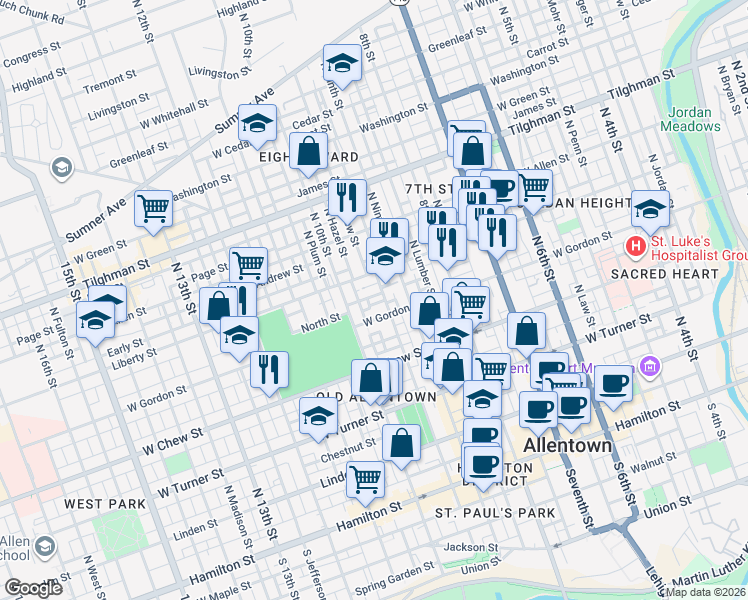 map of restaurants, bars, coffee shops, grocery stores, and more near 951 West Gordon Street in Allentown