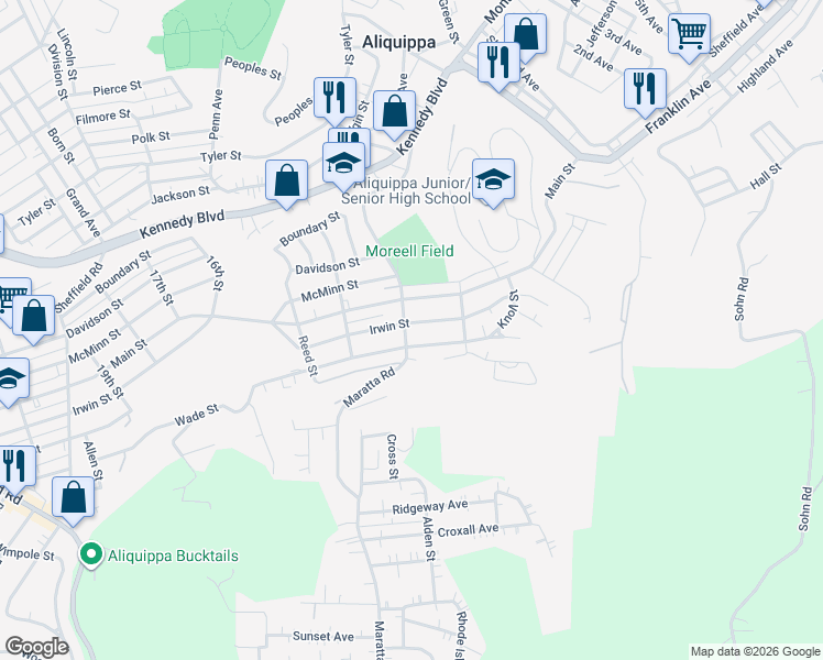 map of restaurants, bars, coffee shops, grocery stores, and more near 1202 Wade Street in Aliquippa