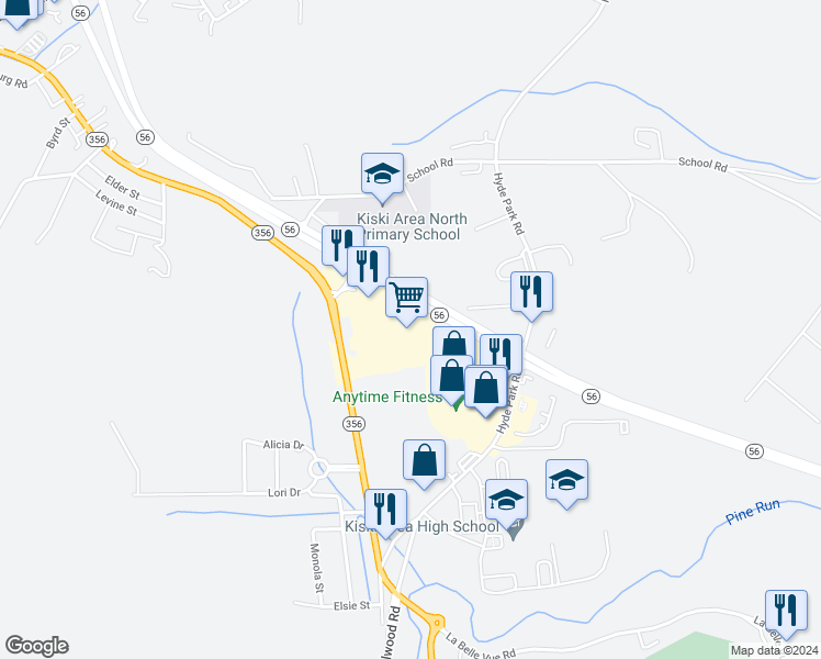 map of restaurants, bars, coffee shops, grocery stores, and more near 41 Towne Center Drive in Leechburg