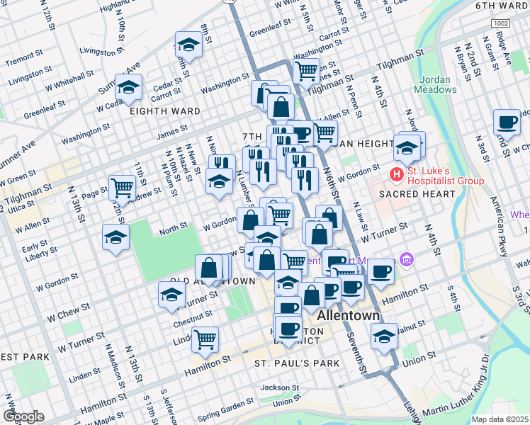 map of restaurants, bars, coffee shops, grocery stores, and more near 336 North Lumber Street in Allentown
