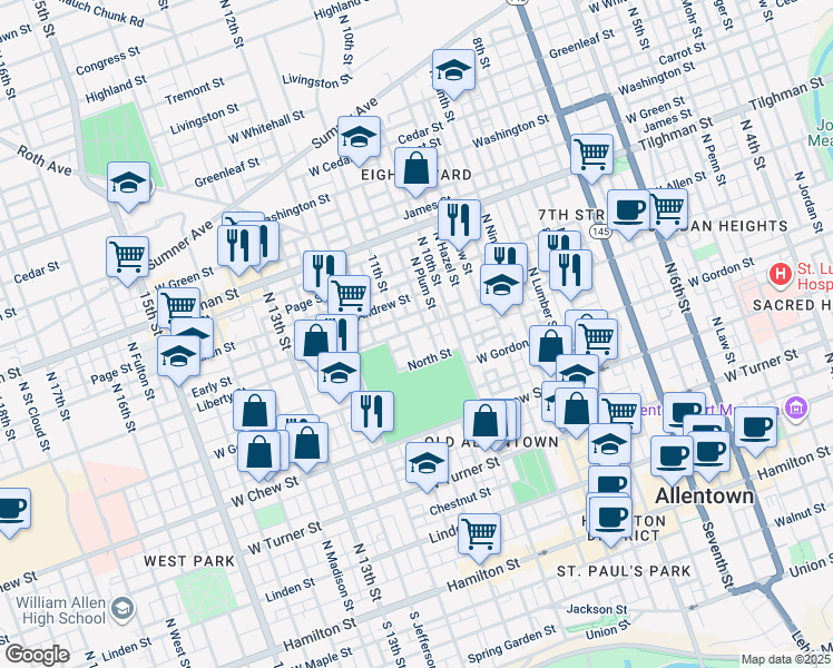map of restaurants, bars, coffee shops, grocery stores, and more near 1036 1/2 Liberty Street in Allentown