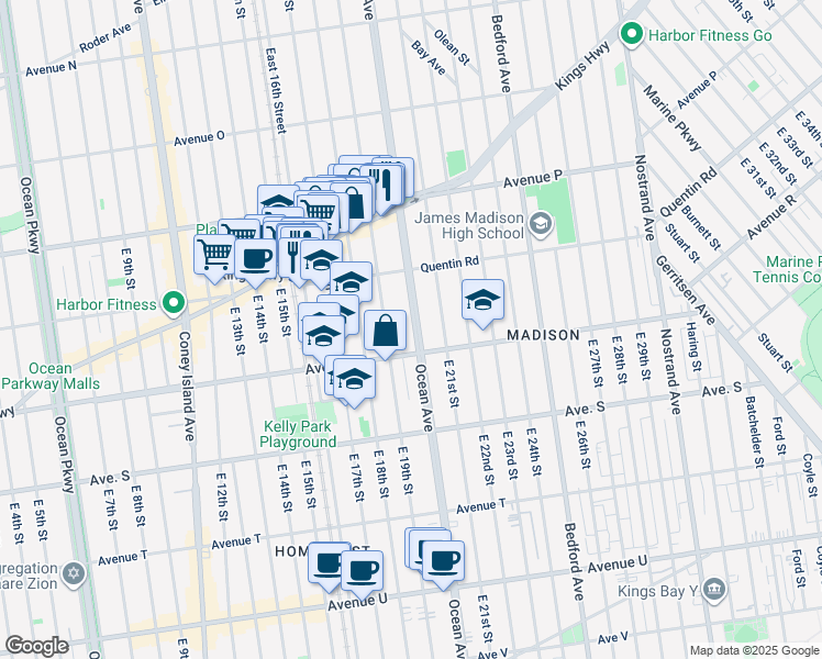 map of restaurants, bars, coffee shops, grocery stores, and more near 2234 Ocean Avenue in Brooklyn