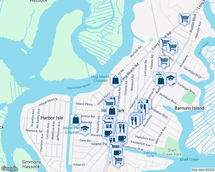 map of restaurants, bars, coffee shops, grocery stores, and more near 8 Beach Walk in Island Park