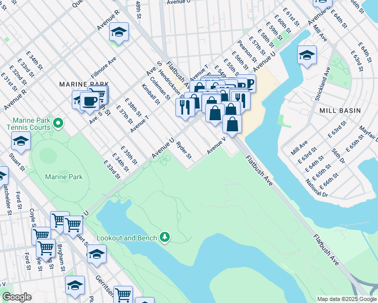 map of restaurants, bars, coffee shops, grocery stores, and more near 2264 Ryder Street in Brooklyn