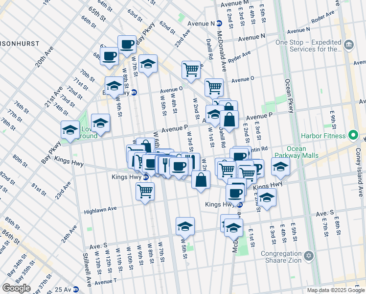 map of restaurants, bars, coffee shops, grocery stores, and more near 1651 West 4th Street in Brooklyn